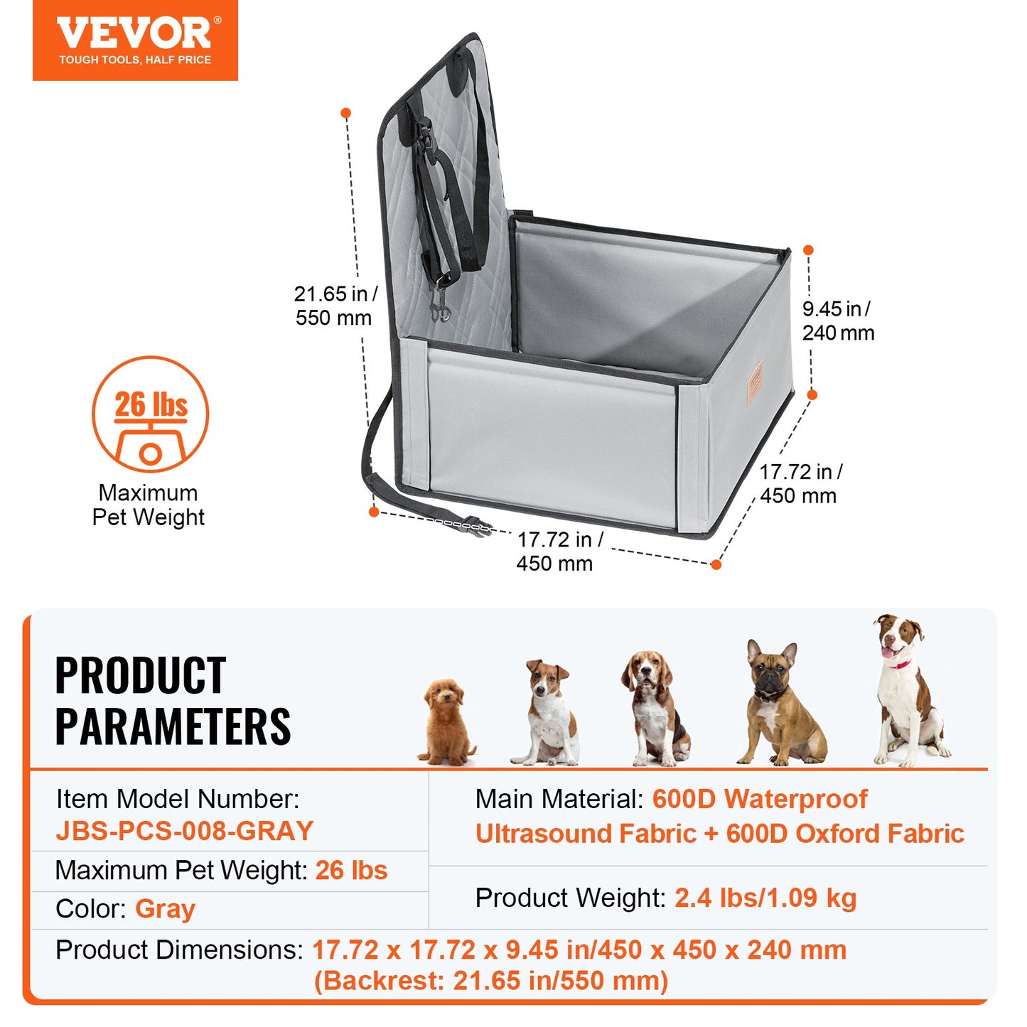 VEVOR Hunde Autositz Hunde Vordersitz Rückbank Hundesitz Auto 450X450X550Mm Grau